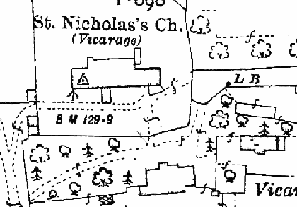 Fig. 8 Canewdon Hall, church and vicarage from the 3rd OS map, 1924. At this time remains of the moat from the earlier hall are still visible north east of the church. The map shows that trees made an important contribution to the grounds north of The Vicarage. A line of trees is also shown to the north of the High Street
