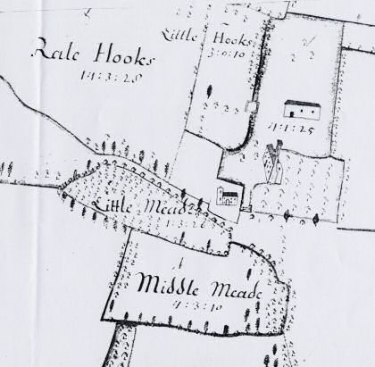 Fig. 3 Paglesham Church End showing the church and Church Hall, c.1700, (ERO T/M 3/1).