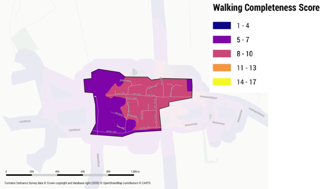 Map of Canewdon marking areas with a Walking Completeness Score in varying colours