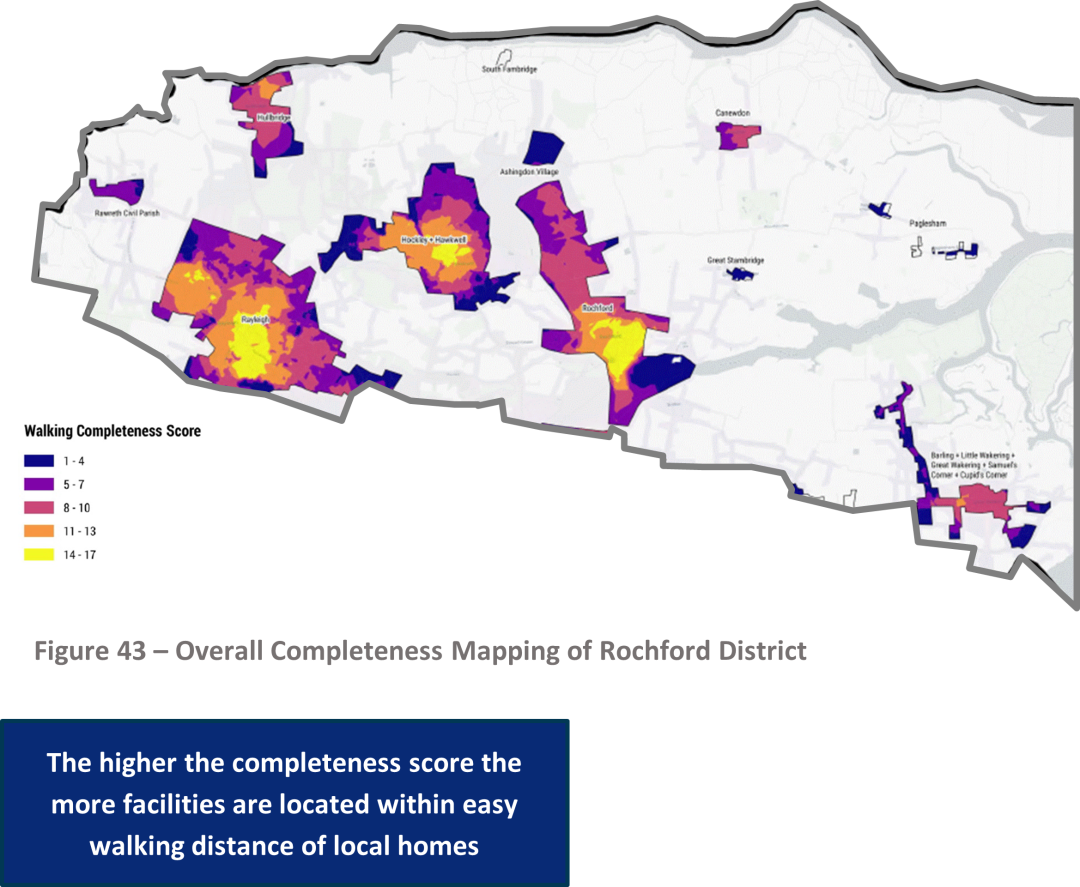 Figure 43 – Overall Completeness Mapping of Rochford District, The higher the completeness score the more facilities are located within easy walking distance of local homes
