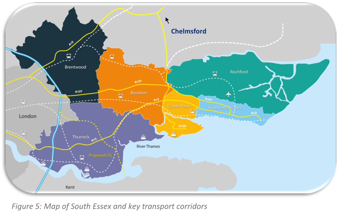 Figure 5: Map of South Essex and key transport corridors