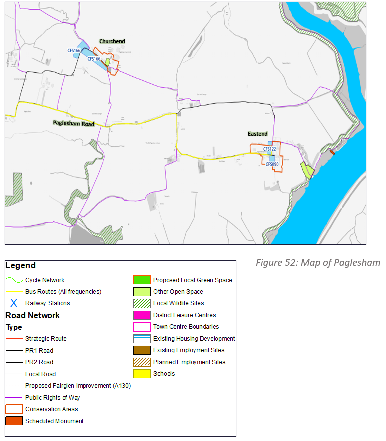 Figure 52: Map of Paglesham with road types, proposed local green spaces, housing development areas etc.