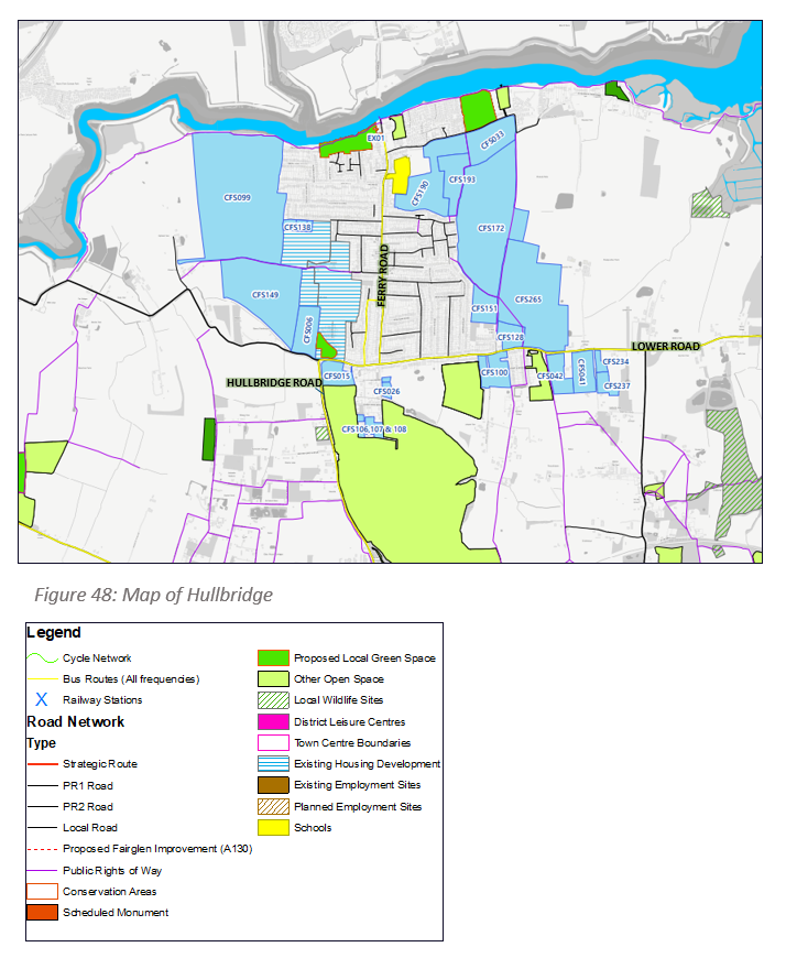 Figure 48: Map of Hullbridge with road types, proposed local green spaces, housing development areas etc.