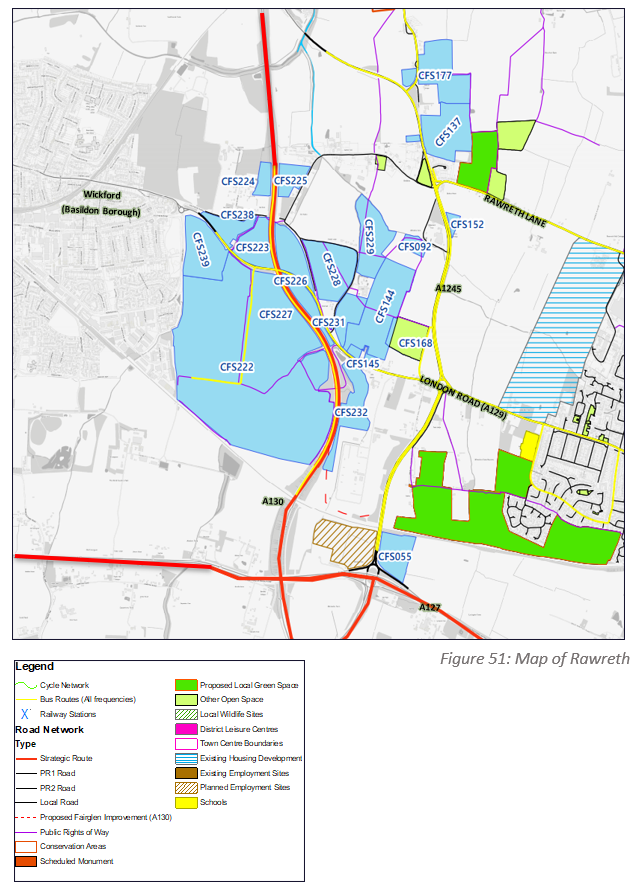 Figure 51: Map of Rawreth with road types, proposed local green spaces, housing development areas etc.