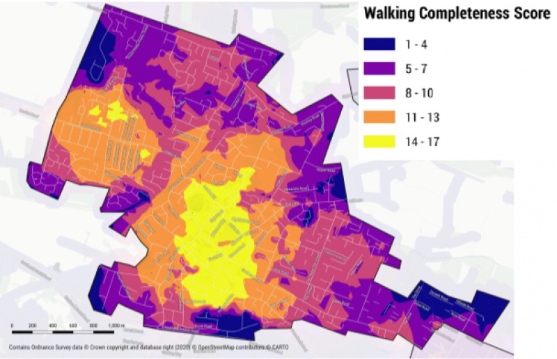 Walking completeness score demonstrated on map using different colors 