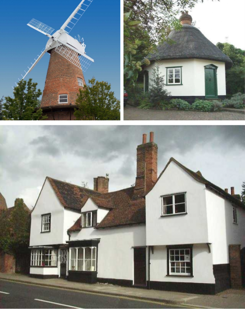Three images of Rochford, one of a windmill and two of homes in the area