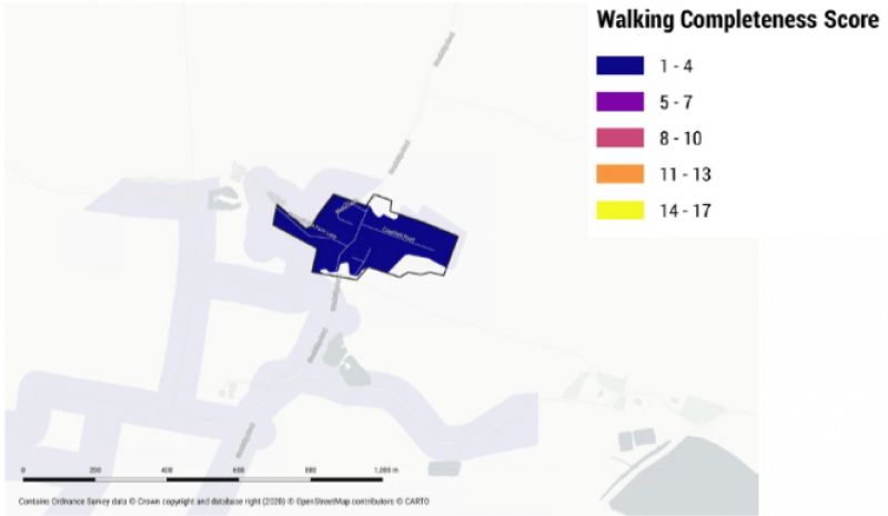 Map of Great Stambridge marking areas with a Walking Completeness Score in varying colours