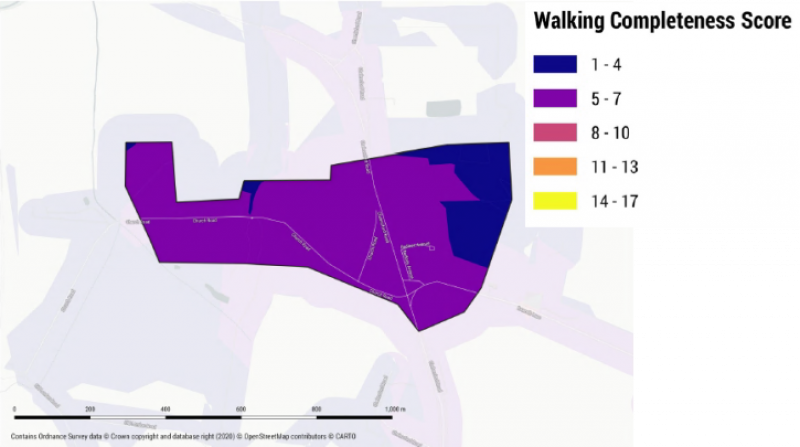 Map of Rawreth marking areas with a Walking Completeness Score in varying colours