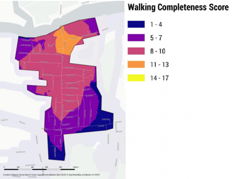Map of Hullbridge marking areas with a Walking Completeness Score in varying colours