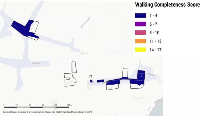 Map of Paglesham marking areas with a Walking Completeness Score in varying colours