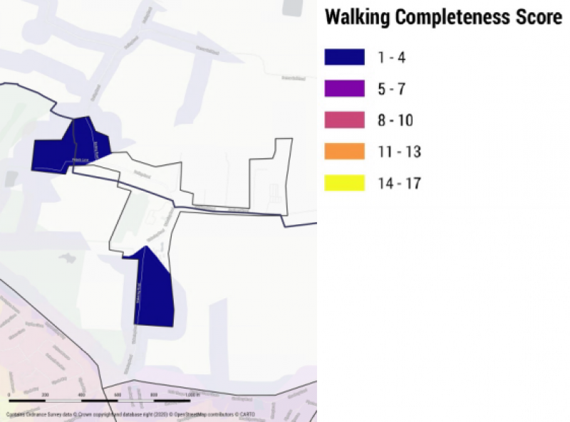 Map of Sutton and Stonebridge marking areas with a Walking Completeness Score in varying colours