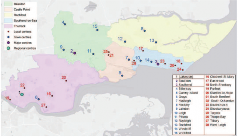 map marked with local, town, major and regional centres of the area