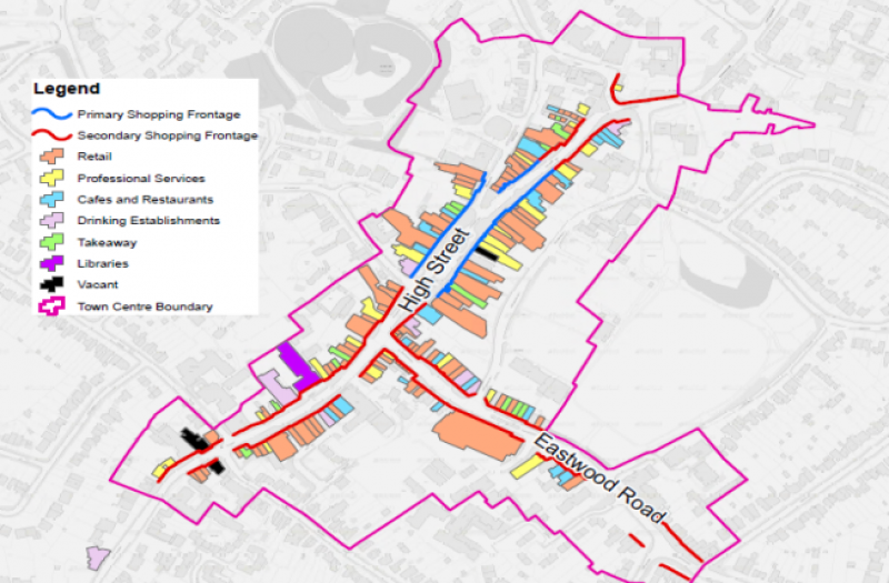 Rayleigh town centre boundries marked on a map using Class Mapping to describe different locals within the area