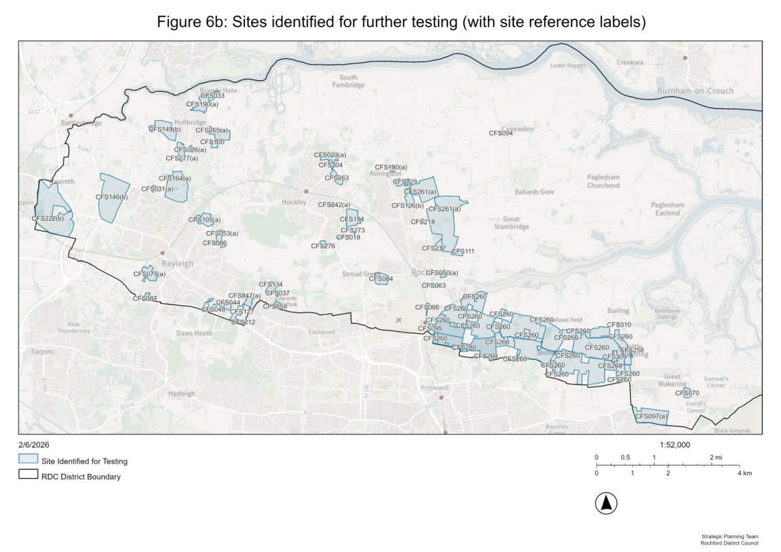 Map showing sites marked for further testing, outlined in blue, within the RDC district boundary outlined in black. Each site is labelled with a code, such as CFS260, and the map includes a scale bar and north arrow.